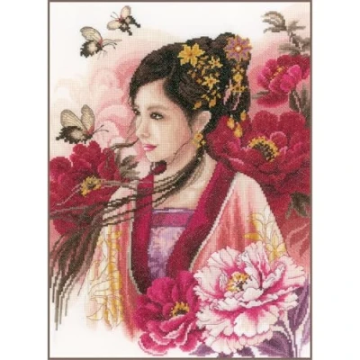 Afbeelding van Lanarte Kruissteekset Aziatische vrouw in roze, kruissteekverpakking met telpatroon, katoen, meerkleurig, 30 x 41 0,3 cm