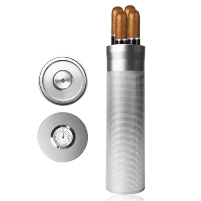 Afbeelding van BORDEAG Sigarenetui, sigaren humidor, draagbare sigarenkoker voor op reis, humidor etui, aluminiumlegering, sigarenaccessoires, sigaar, met hygrometer sigaren, cadeau, zilver