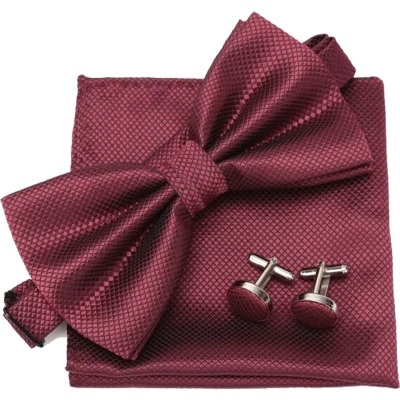 Afbeelding van Vlinderstrik inclusief pochette en manchetknopen Bordeaux rood vlinderdas strik strikje pochet heren