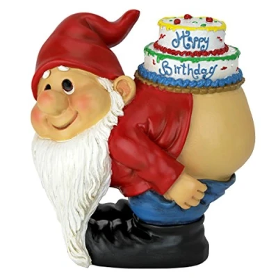 Afbeelding van Design Toscano Loonie Moonie Verjaardagsdecoratie Tuinkabouterstandbeeld Happy Birthday kabouterstandbeeld ondeugende kabouters standbeelden van maankabouters, meerkleurig, 14 x