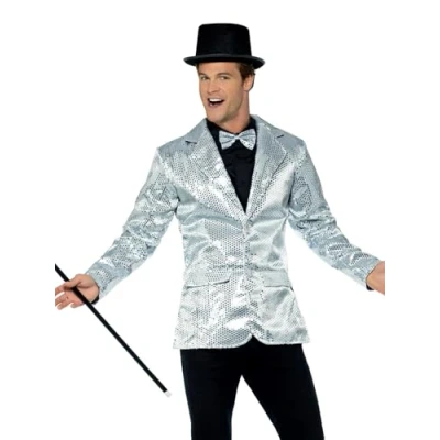 Afbeelding van Smiffy&#039;s Glitter &amp; Glamour Kostuum Zilveren Pailletten Showman Jas Zilver Large Carnavalskleding Verkleedkleding