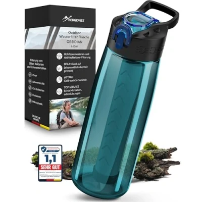 Afbeelding van BERGKVIST® OBSIDIAN Outdoor waterfilter, 650 ml, met kompas, drinkfles filter voor schoon drinkwater, waterbehandeling de camping , prepper en survivaluitrusting (turquoise)