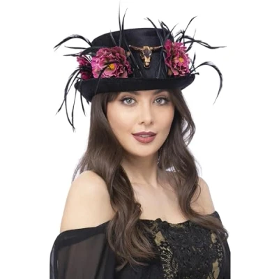 Afbeelding van Smiffy&#039;s Heks &amp; Spider Lady Voodoo Duistere Religie Kostuum Bloemen En Bull Hoed Met Veren Paars, Zwart Halloween Verkleedkleding