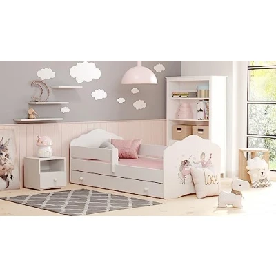 Afbeelding van KOBI Fala kinderbed met valbescherming lade, 160 x 80 cm, kinderbedden matras, complete set, eenpersoonsbed, voor meisjes en jongens, modern, wit,