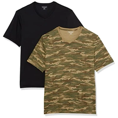 Afbeelding van Amazon Essentials Heren Regular Fit T shirt met korte mouwen en V hals (verkrijgbaar in Big &amp; Tall), 2 stuks, zwart/camouflageprint, Large