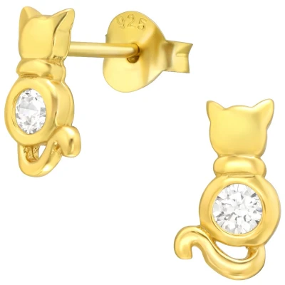 Afbeelding van JoyS Zilveren kat poes oorbellen 5 x 9 mm zirkonia oorknoppen 14k goudplating