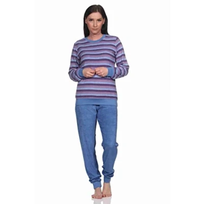 Afbeelding van Normann Damespyjama van badstof met manchetten in elegant strependesign, ook grote maten, blauw melange, 36/38