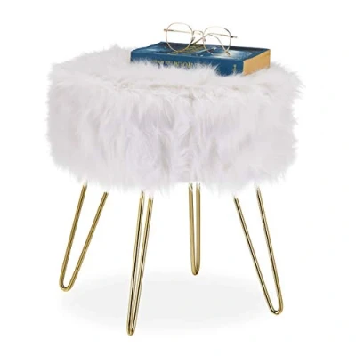 Afbeelding van Relaxdays krukje met vacht, metalen frame, rond, zacht, stijlvolle kaptafelkruk, pluchen kruk, HxD 40 x 38 cm, wit/goud