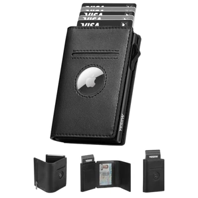 Afbeelding van YESIIW AirTag portemonnee voor heren, met muntenvak, RFID bescherming, slim wallet creditcardhouder, zwart, A04 Tri Fold, Modern
