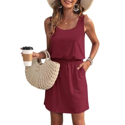 Afbeelding van WNEEDU Zomerjurk voor dames, mouwloze strandjurk, U hals, trekkoord, luchtige jurk, zomer, met zakken, wijnrood, XL