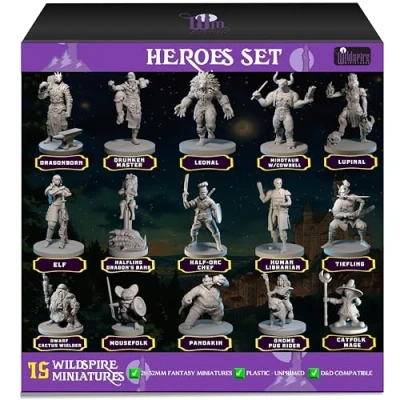 Afbeelding van 15 heldenkarakters en NPC miniaturen voor DND miniaturen, overschilderbare D&amp;D Dungeon and Dragons Mini&#039;s, figuren D Fantasy, personageminiaturen tafelmodel, ongeverfde