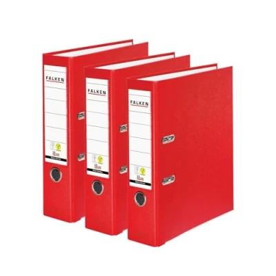 Afbeelding van Originele FALKEN 3 pack PP Color mappen. Made in Germany. 8 cm breed DIN A4 rood Vegan plastic ordner ringmap aktordner briefordner bureaumap map sleufmap