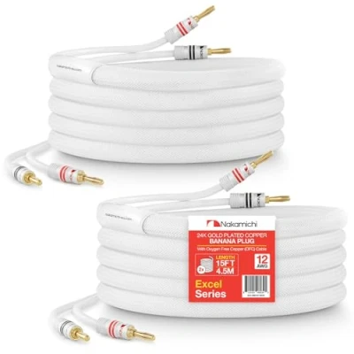 Afbeelding van Nakamichi Excel serie 24K vergulde bananenstekker 99,9% zuurstofvrij koper (OFC) zwaar gevlochten voor luidsprekerkabel versterker, in de muur CL2 beoordeeld Wit (12AWG / 15ft 4,5 m) 2 Pack