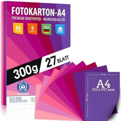 Afbeelding van Magenta kleuren FOTOKARTON A4 27 stuks paars 300g vellen knutselvellen blauw, paars, roze, rood violet dikker dan karton, karton voor handwerk, tekenkarton DIY school verschillende