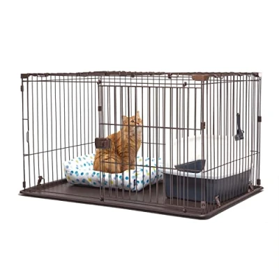 Afbeelding van Iris Ohyama, Kinderbox, Huisdierkooi met 2 in 1 deur, Veilig sluitsysteem, wielen en rolstop dak, L113 x D79 H65.5 cm, BPA vrij, Voor Katten, STS 1200TY, Bruin