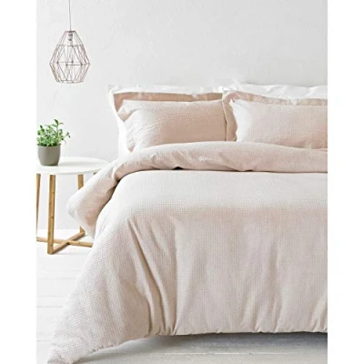 Afbeelding van Riva Paoletti Super King Dekbedovertrek Set Blush Roze Wafel Weave Textuur 2 x Oxford Border Kussenslopen Inbegrepen 100% Katoen Machine Wasbaar 260 220cm (102&quot; 87&quot; inch)