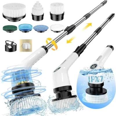 Afbeelding van FYDEE Electric Cleaning Brush, Spin Scrubber met 7 Borstelkoppen, Verstelbare Handgreep, Draadloos en IPX7 Waterdicht Elektrische Reinigingsborstel, Geschikt voor Badkamer, Keuken, Vloer, Auto