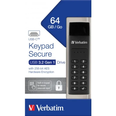 Afbeelding van Verbatim USB 3.2 Stick 64GB, Veilig, Toetsenbord, AES 256 Bit Type C, 160MB/s, (W) 140MB/s, Retail