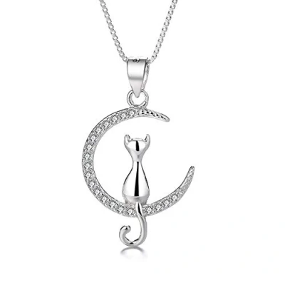 Afbeelding van Belons Kat Ketting Vrouwen 925 Sterling Zilver Cubic Zirconia in Maan Hanger voor Meisjes Kinderen, Steen, Zirkonia