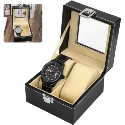 Afbeelding van Cheqo® Horlogebox Horlogedoos Sieradendoos Zwart Luxe PU Kunstleer Voor 2 Horloges Met Venster