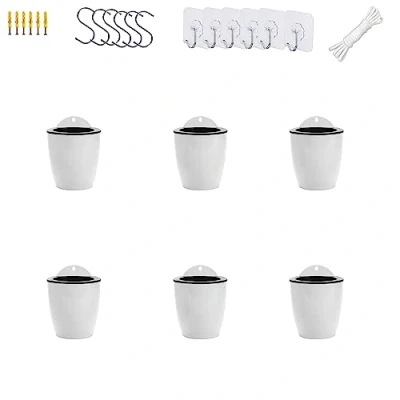 Afbeelding van ORIMERC Set van 6 hangende, ronde plastic plantenpotten, automatisch bewaterend, verticale tuin, muur /raambevestiging, binnen/buiten, voor planten, bloemen, vetplanten, kruiden, wit, klein