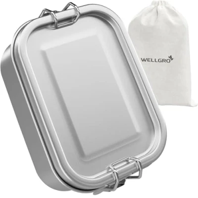 Afbeelding van WELLGRO Roestvrijstalen blikjes, vierkant, 550 ml, 850 1400 2400 lekvrij, metalen lunchbox, capaciteit: ml