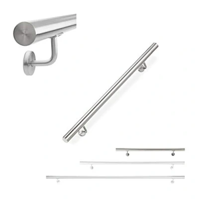 Afbeelding van Relaxdays trapleuning rvs, ronde leuning, binnen &amp; buiten, 100 cm, Ø 42 mm, met houders, zilver