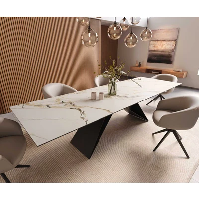Afbeelding van DELIFE Eetkamertafel Edge 300x100 keramiek Calacatta Luxe wit goud grijs V frame vlak staal zwart