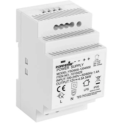 Afbeelding van Poppstar Adapter voor DIN Rail Output 12V DC 4,5 A 54W (Input 100 240V AC 50/60 Hz) Voeding/Trafo 52,5 * 90 58mm, Wit