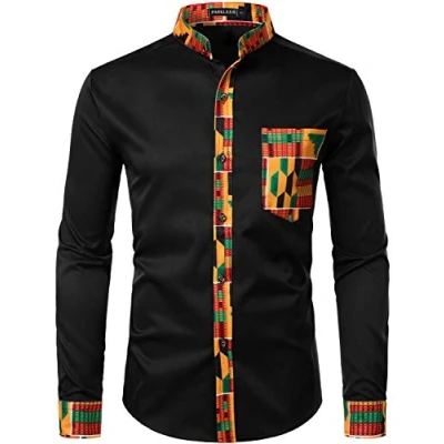 Afbeelding van PARKLEES Heren Afrikaanse Dashiki Tribal Graphic Patchwork Lange Mouw Gedrukt Grandad Kraag Shirt, Pzzcl46 zwart, L