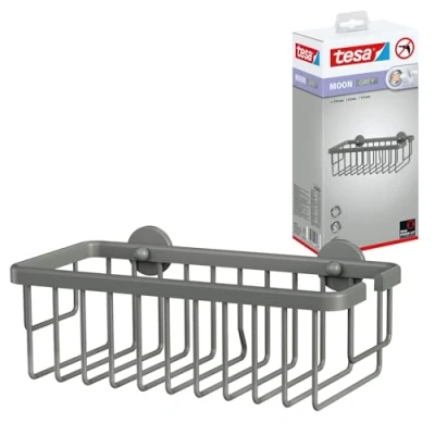 Afbeelding van tesa MOON GREY Doucherek voor wandmontage zonder boren, mat grijs éénlaags en extra diep badkamers in industriële moderne stijl met kleefoplossing 92 mm x 250 125