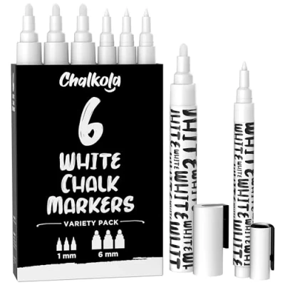 Afbeelding van Chalkola witte krijtstiften droge wisbare vloeibare voor krijtbord, schoolbord, venster, bistro, autoglas, bord, borden variëteit pakket van 6 (3x) 1 mm &amp; + 50