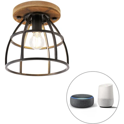 Afbeelding van QAZQA Smart plafondlamp zwart met hout incl. WiFi E27 Arthur
