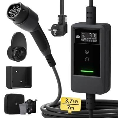 Afbeelding van dé EV Oplader Type 2 Schuko 3,7kW [7m, 6/8/10/13/16A] Oplaadkabel Voor Elektrische Auto met Muurbeugel, LCD Digitaal, Compatibel Model Y/3, E 208, Tech, 500e en andere EV/PHEV