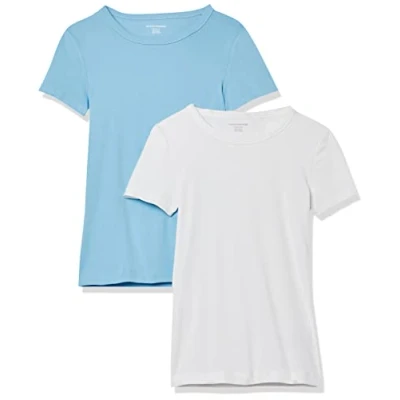 Afbeelding van Amazon Essentials Women&#039;s T shirt met korte mouwen en ronde hals in slanke pasvorm, Pack of 2, Wit/Lichtblauw, S
