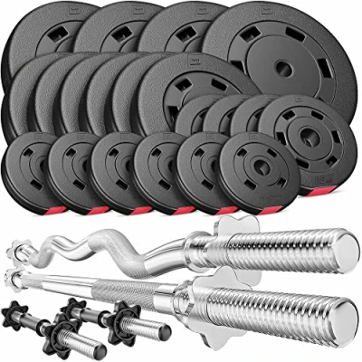 Afbeelding van Hop Sport Halterset 105 kg Lange Halterstang, Super Curl of Stang, 2x korte Halters, Gewichten 4x10kg / 6x5kg 4x2,5kg 6x1,25kg (105kg Lang Halter, SZ stang &amp; halters)