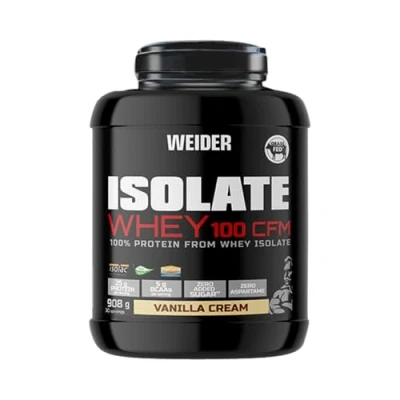 Afbeelding van Weider Isolate Whey 100 CFM. Vanille crèmesmaak, eiwitmengsel met wei eiwitisolaat, spiermassa, aspartaamvrij, laag suikergehalte, 908 g