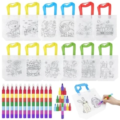 Afbeelding van Lixiluxia 12 stuks tekentassen voor kinderen en stapelbare kleurpotloden (7 kleuren in 1), zak om te kleuren, kinderen, gastgeschenken