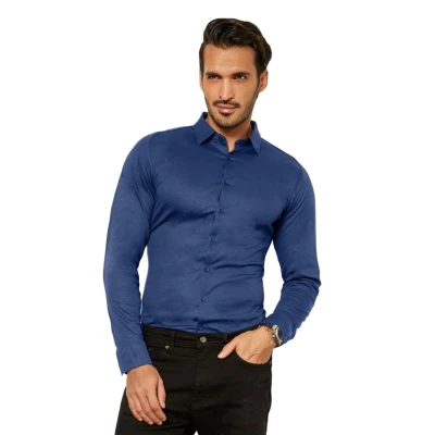 Afbeelding van Desoto Overhemd Strijkvrij Kent Melange Blauw maat XL Heren Overhemden Formeel met Slim fit Pasvorm Katoen