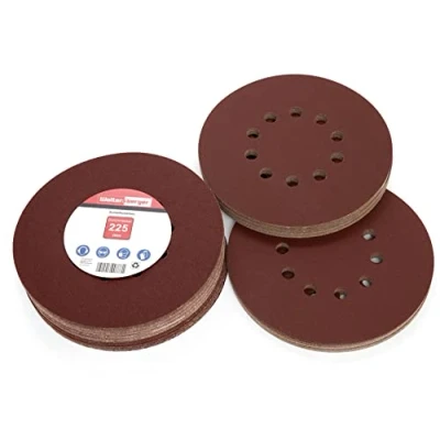 Afbeelding van Woltersberger® 25 stuks slijpschijven diameter 225 mm, korrelmaat P120, 10 gaten in rood, schuurpapier gipsplaten schuurmachine lange nek schuurgiraffe