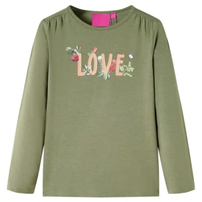 Afbeelding van Kindershirt met lange mouwen love print 140 kakikleurig