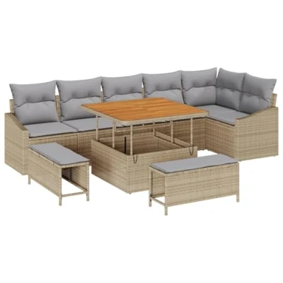 Afbeelding van vidaXL 9 delige Tuin Sofa Set met Kussens Beige Poly Rattan Acacia, 2 Zits Rattan, 4 Eetset Acacia