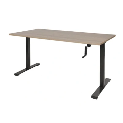 Afbeelding van Dextro slinger zit/sta 140x80cm, hoogte verstelbare werkplek dmv slinger, T poot frame. Frame kleur zwart (RAL9005) en blad Havanna/Kersen Licht.