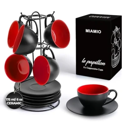 Afbeelding van MIAMIO 6 x 175 ml Cappuccino kopjes/Cappuccino kopjes set buitenkant zwart binnenkant gekleurd Collectie Le Papillon (Rood)