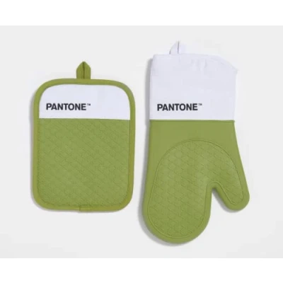 Afbeelding van Pantone™ Keukenset met ovenwant + pannenlap, gemaakt van katoen antislip siliconen handvat, nuttige keukenaccessoires, hittebestendig tot 250 C, wit/lichtgroen