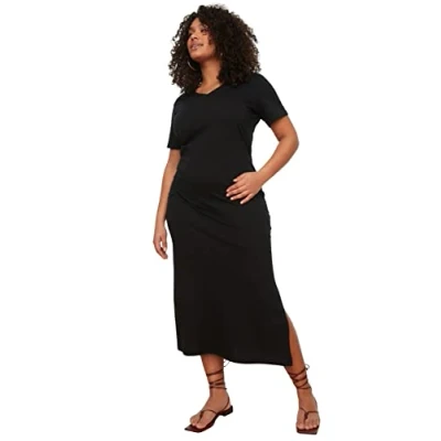 Afbeelding van Trendyol Rode V Hals Split 100% Katoenen Gebreide Plus Size Jurk Tbbss22Ah0163