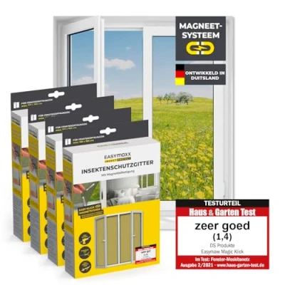 Afbeelding van EASYmaxx Insect Protect Vliegengaas voor ramen met magnetische bevestiging, op maat te snijden, insectenbescherming tot 150 x 180 cm, muggenbescherming, magneet, eenvoudige montage, 4 stuks