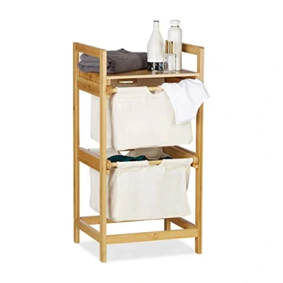 Afbeelding van Relaxdays wasmand bamboe wassorteerder met 2 lades waszak badkamerrek draagbaar