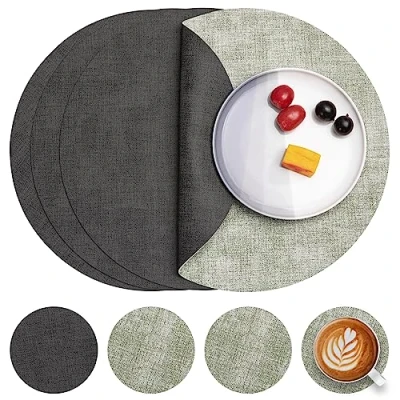 Afbeelding van Myir JUN Lederen Placemat Rond en Onderzetters, Tafelmatten Waterdichte Afveegbare Dubbelzijdige Plaats Matten Koffiematten Antislip Wasbare Placemats Coaster (Grijs Groen, Sets 4)