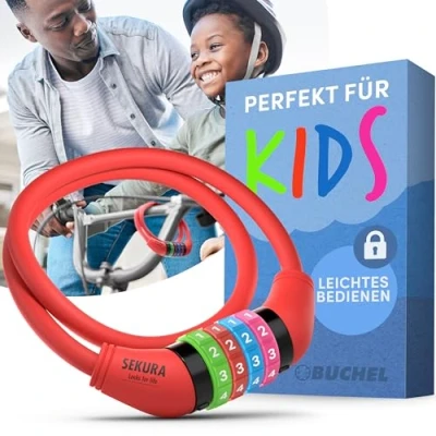 Afbeelding van Büchel Fietsslot voor kinderen, kleurrijk en zonder sleutel, cijferslot, fietsaccessoires, fietsslot, 65 cm, rood